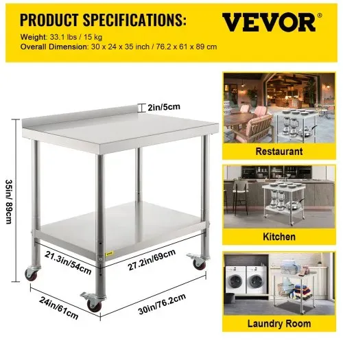 VEVOR Edelstahl-Vorbereitungstisch, 76,2 x 61 x 89 cm, 200 kg Tragkraft, Robuster Metallarbeitstisch mit Verstellbarer Rückwand & 4 Rollen, Gewerblicher Arbeitsplatz für Küchenrestaurants – Bild 6