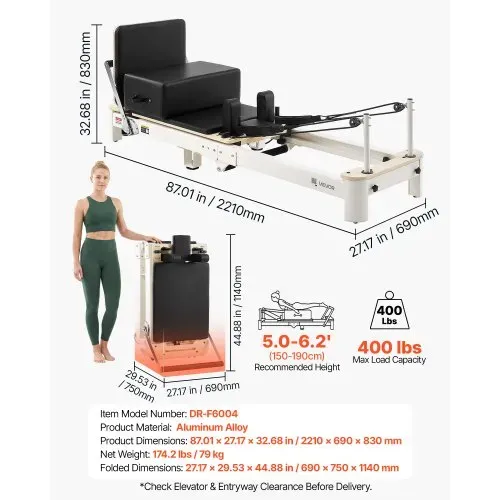 VEVOR Pilates Reformer Gerät Klappbar 221 x 69 x 83 cm Aluminiumlegierung für Heimgebrauch & Fitnessstudio, mit Jumpboard, Sitzbox, Verstellbarer Kopfstütze und Leisem Schlittenlauf, 181 kg Belastbar – Bild 6
