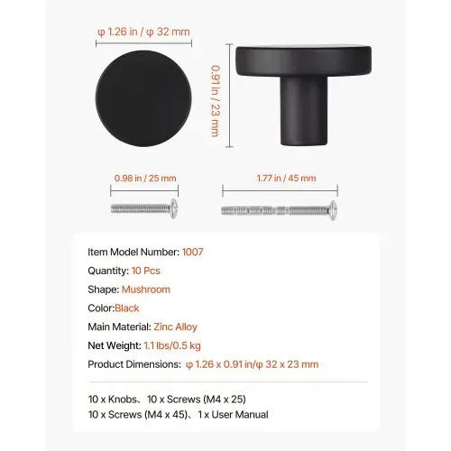 VEVOR Möbelknöpfe, 10er-Pack, 32 mm, Schrankknöpfe aus schwarzer Zinklegierung, massive Küchenknöpfe, Schubladenknöpfe mit Schrauben für Badezimmer, Schränke, Schubladen, Küche – Bild 6