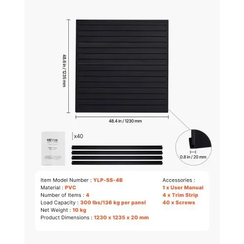 VEVOR Werkzeugwand 1230x1235x20 mm, PVC-Garagen-Lamellenwand, 136 kg pro Platte, schwarzer Wandorganizer, Lamellenwandpaneel mit Kupplungsstruktur & DIY-Zuschnitt, geeignet für Lagerung & Präsentation – Bild 6