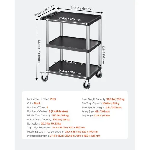 VEVOR Werkzeugwagen, 136 kg Tragkraft, Werkstattwagen, Mehrzweckwagen aus Kunststoff mit drei Ablagen & 360°-Lenkrollen (2 mit Bremse), geeignet für Lager, Garage, Reinigung, 695x460x825 mm – Bild 6