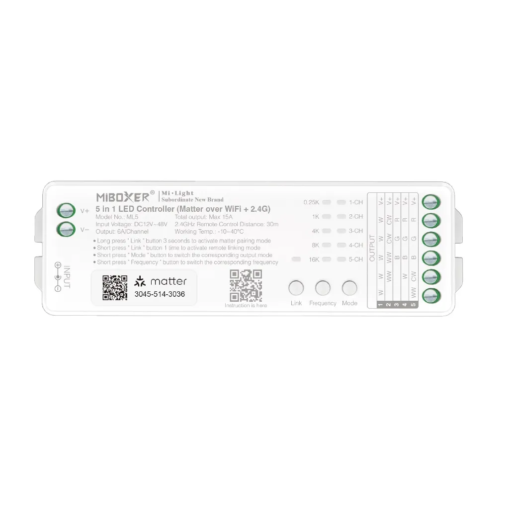 MiBoxer ML5 LED Controller 5in1 RGB-WW (RGB-CCT) DC12~24V Matter Over WiFi + 2.4G MiBoxer ML5 LED Controller 5in1 RGB-WW (RGB-CCT) DC12~24V Matter Over WiFi + 2.4G