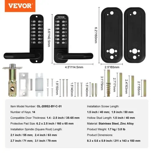 VEVOR Schlüsselloses Türschloss mit Mechanischem Codeschloss, Doppelseitig Eingebettetes Türschloss-Set, 14-Passwortschloss, 35–65 mm Kombination Code Türschloss Geeignet für Garage, Hotel, Büro usw. – Bild 6