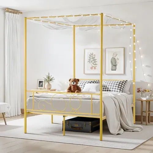 VEVOR Himmelbettrahmen (Full Size), Metallhimmelbett mit minimalistischem Kopfteil & Himmelbett-Design, robuste Stahllattenstütze (rund), Stauraum unter dem Bett, kein Boxspring erforderlich, Gold – Bild 7