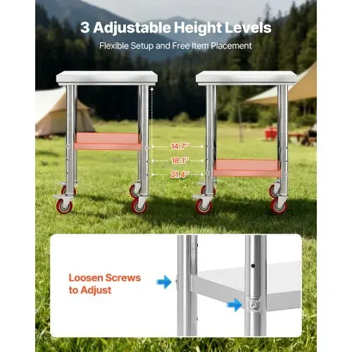 VEVOR Edelstahltisch Arbeitstisch Küchentisch (61 x 45 cm) zur Lebensmittelzubereitung mit Rädern, Zubereitungstisch mit verstellbaren Unterregal für Großküchen Restaurants Hotels Garagen Outdoor – Bild 5
