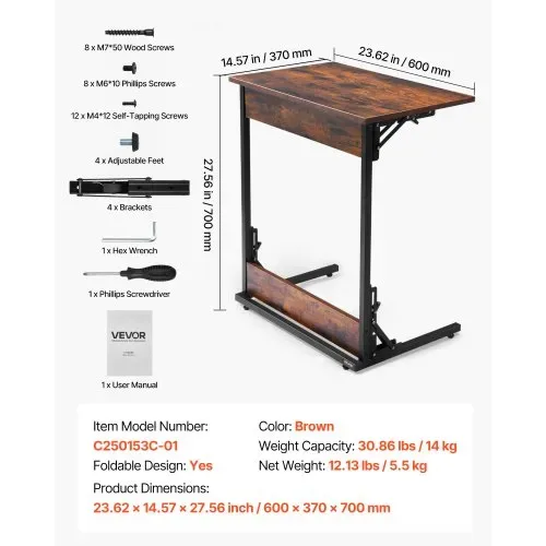 VEVOR Beistelltisch Kaffeetisch klappbar mit Metallrahmen & verstellbaren Füßen, C-förmiger Couchtisch für Wohnzimmer Schlafzimmer Büro 60 x 37 x 70 cm TV-Tablett, Sofatisch Braun und Schwarz – Bild 6