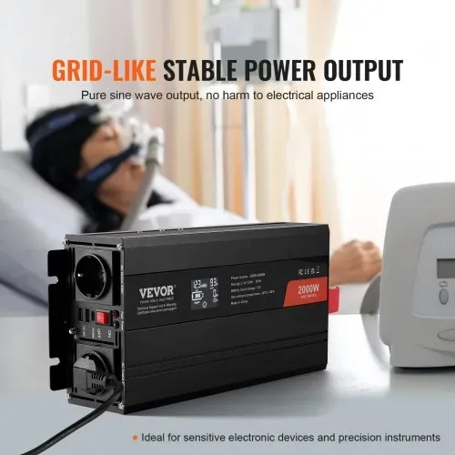 VEVOR Wechselrichter mit reiner Sinuswelle 2000W DC 12V AC 230V Spannungswandler mit 2 AC-Steckdosen 2 USB-Anschlüssen 1 Typ-C-Anschluss LCD-Display und Fernbedienung für mittelgroße Haushaltsgeräte – Bild 2