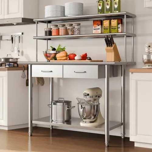 VEVOR Gastronomie Arbeitstisch 1220 x 610 x 1400 mm, Edelstahltisch mit Grundboden & 2 Schubladen & Doppelaufsatzbord, Gewerblicher Vorbereitungstisch Werkbank für Restaurant Garage Küchentisch – Bild 7