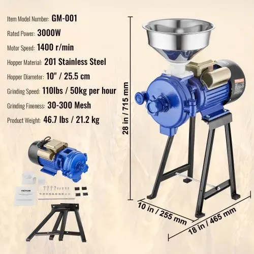 VEVOR elektrische Getreidemühle Gewürzmühlen 3 kW, kommerzielle Maismühle mit Trichter, Pulvermaschine mit einstellbarer Stärke, Hochleistungs-Futtermehl-Müslimühle, Weizenmühle, Trockenmühle – Bild 6
