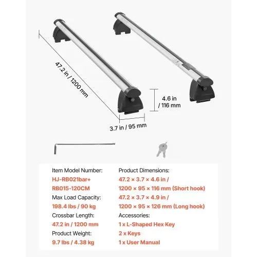 VEVOR 2 x Dachgepäckträger Querträger 90 kg Tragkraft, Abschließbare Dachträger für PKW SUV, Passend für Erhöhte & Bündige Dachreling, 180-1035 mm Relingabstand, für Dachbox Kanu Fahrrad Transportkorb – Bild 6