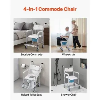 VEVOR Nachttoilettenstuhl 159 kg belastbar, rollbare Toilettensitzerhöhung mit gepolsterter Sitzfläche/Rückenlehne/hochklappbarer Fußstütze, abnehmbarer 5 L Eimer, Duschrollstuhl für Senioren VEVOR Nachttoilettenstuhl 159 kg belastbar, rollbare Toilettensitzerhöhung mit gepolsterter Sitzfläche/Rückenlehne/hochklappbarer Fußstütze, abnehmbarer 5 L Eimer, Duschrollstuhl für Senioren