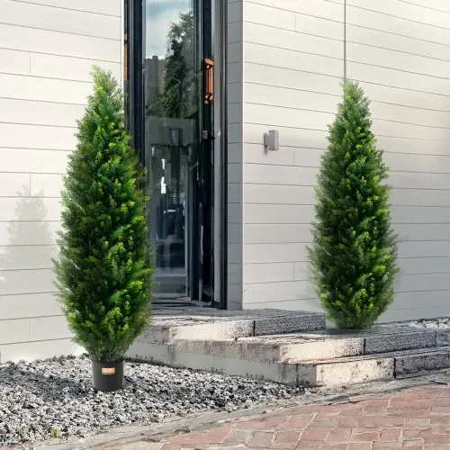 VEVOR Künstlicher Formschnittbaum aus Zeder, 152,4 cm hoch (2 Stück), mit zusätzlichen Blättern und Topf, künstliche immergrüne Kiefern-Zypressenpflanze, UV-geschütztes künstliches Grünset – Bild 7