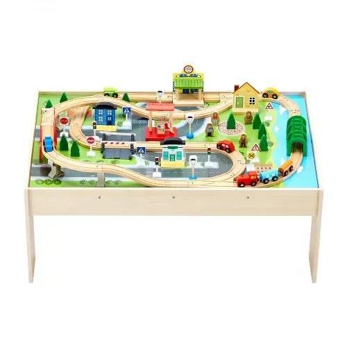 VEVOR Holz Aktivitätstisch, 84-teilig, mit zusammenklappbarem Aufbewahrungsbehälter, 3-in-1-Eisenbahnset zum Spielen, Malen, Lesen, Essen, kreatives Spielzeugset für Kinder ab 3 Jahren – Bild 10