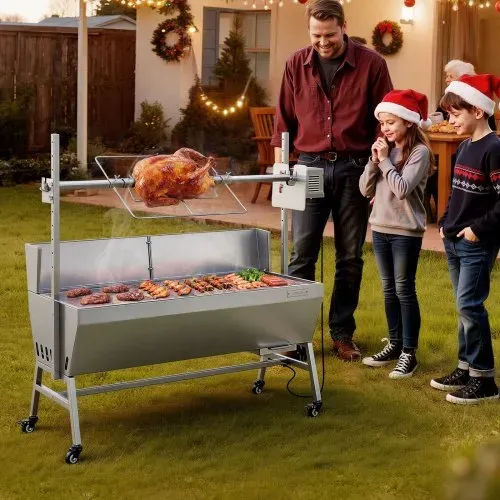 VEVOR Drehspießgrill 38 W Spanferkelgrill Lammgrill Holzkohlegrill (1218 mm Grilllänge) mit 60 kg Tragkraft & Rädern & 4-facher Höhenverstellung & Schutzblech, Elektrogrill-Set für Camping – Bild 7