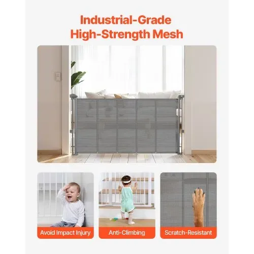 VEVOR einziehbares Babygitter (87 cm hoch ausziehbar bis 140 cm breit) ausziehbares Gitter für Kinder Haustiere, Netzmaterial, Treppenschutzgitter für Innentreppen, Türen, Flure, Spielzimmer, Grau – Bild 4