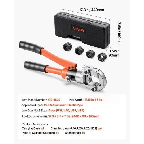 VEVOR Presszange Hydraulik, Crimpzange für PEX- & Aluminium-Kunststoff-Rohre, Rohrpresszange mit U16 U20 U25 U32 Backen & Tragekoffer, Presswerkzeug-Set für Sanitärreparaturen & -installationen – Bild 6