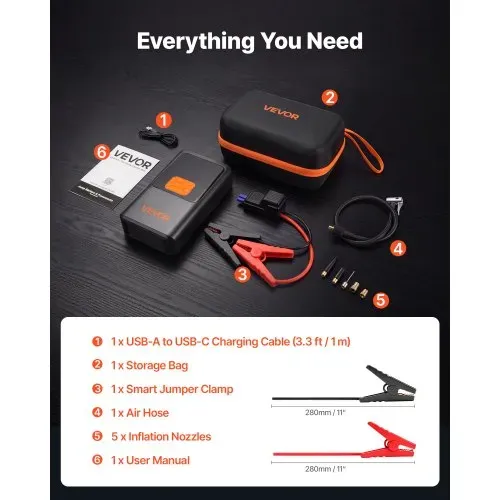 VEVOR Starthilfe Powerbank 4000 A Tragbarer Starthilfegerät Starter Booster für 9 L Benzin & 8 L Dieselmotoren, 150 psi Reifendruck, LED-Taschenlampe, ABS-PC-Gehäuse, Verpolungs- und Kurzschlussschutz – Bild 5
