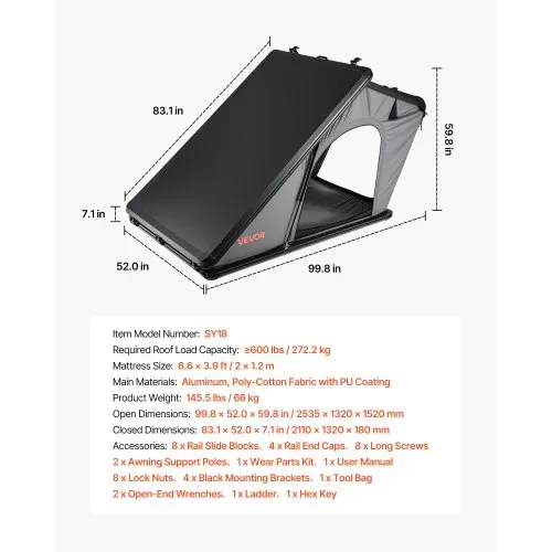 VEVOR Autodachzelt Hartschalen für 2-3 Personen, Campingzelt aus Aluminium mit Dreifarbiger LED-Beleuchtung & Fenster, Wasserfest & Windicht, für Jeep SUV Pickup, 2535 x 1320 x 1520 mm (Aufgeklappt) – Bild 6