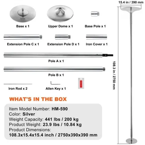 VEVOR Professionelle Tanzstange, Pole Dance Tanzstange Profi ca. 216,3-270 cm Höhenverstellbare Abnehmbare Fitnessstange Spinning Fitness Silber, Statische Tanzstange Fitnessstudios – Bild 6