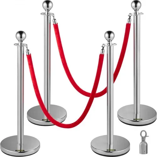 VEVOR Edelstahl Absperrpfosten Seil Abgrenzungsständer Kugelkopf 2 Rote Samtseile Silberne Säule 4 Packung Crowd Control Barriers VEVOR Edelstahl Absperrpfosten Seil Abgrenzungsständer Kugelkopf 2 Rote Samtseile Silberne Säule 4 Packung Crowd Control Barriers