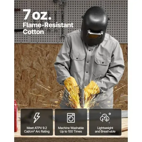 VEVOR FR-Arbeitsjacke für Herren, Flammhemmende Schweißerjacke, maschinenwaschbares hitzebeständiges Schweißerhemd aus Baumwolle, erfüllt ATPV 9,2 cal/cm² Lichtbogenbewertung – Größe XXL, Grau VEVOR FR-Arbeitsjacke für Herren, Flammhemmende Schweißerjacke, maschinenwaschbares hitzebeständiges Schweißerhemd aus Baumwolle, erfüllt ATPV 9,2 cal/cm² Lichtbogenbewertung – Größe XXL, Grau