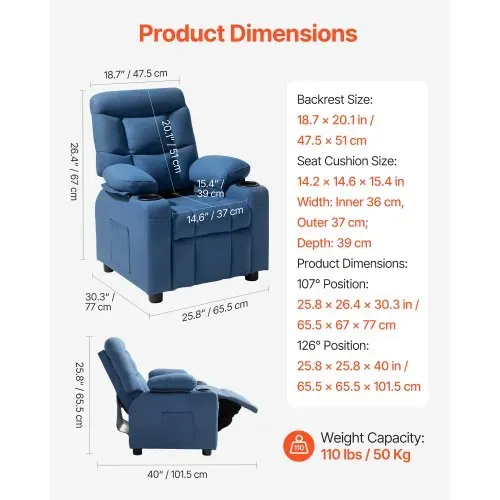 VEVOR Kindersofa Kindersessel Kinderstuhl Kuschelsessel Kindermöbel Blau, für Jungen & Mädchen, 107° bis 126° Verstellbare Rückenlehne Atmungsaktiver Polyesterbezug Getränkehalter Taschen Fußstützen – Bild 3