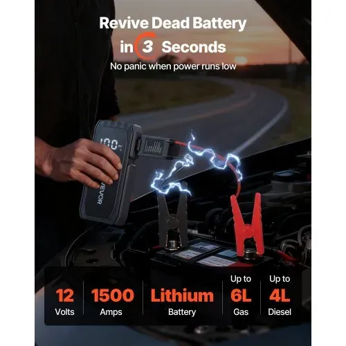 VEVOR Starthilfe Powerbank, Starthilfegerät 1500A Spitzenstrom mit LED-Taschenlampe & Kabel für Motor bis zu 6L Benzin/4L Diesel, Tragbarer Booster mit Schnellladung & Sicherheitsschutz für Notfall VEVOR Starthilfe Powerbank, Starthilfegerät 1500A Spitzenstrom mit LED-Taschenlampe & Kabel für Motor bis zu 6L Benzin/4L Diesel, Tragbarer Booster mit Schnellladung & Sicherheitsschutz für Notfall