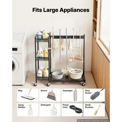 VEVOR Gartengeräte Ständer 851x300x865mm Gerätehalter Klemmsystem Schwarz, Aufbewahrungsregal für Garage Schuppen Garten, Organizer aus Stahl für Besen Mopp Rechen, mit 3 Ablagefächern Haken & Rollen – Bild 4