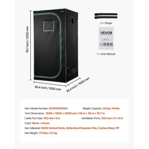 VEVOR Growzelt, 100x100x200 cm, Growbox 600D hochreflektierendes Mylar, Indoor-Pflanzenzelt mit Beobachtungsfenster, Bodenwanne & Reißverschluss, Gewächshaus Zuchtzelte für Obst, Blumen & Gemüse – Bild 6