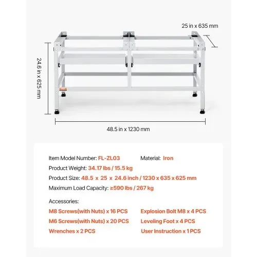VEVOR Waschmaschinen-Untergestell, 1230x635x625 mm Podest für Waschmaschine, 267 kg Tragkraft, Waschmaschinen- & Trocknersockel mit Doppelablagen, 4 verstellbare Füße zum Anheben von Waschmaschinen – Bild 6