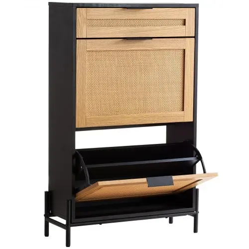 VEVOR Schuhschrank Schuhkommode aus Rattan mit 2 Klappschubladen & 1 Ausziehschublade, Metallbeine, schmaler Schuhschrank ideal für Eingangsbereich Diele Schrank Flur Schuhkipper Schwarz – Bild 10