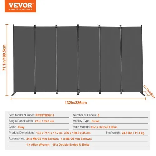 VEVOR Raumteiler 6 Paneele Paravent 3110 x 1805 x 450 mm, faltbarer Sichtschutz & tragbarer Trennwandteiler zur Raumtrennung, freistehende Raumteiler für Büro Schlafzimmer Arbeitszimmer, Grau – Bild 6