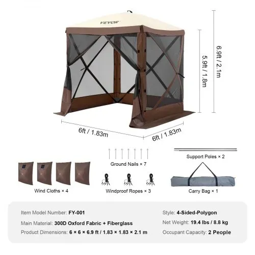 VEVOR Pop-Up-Pavillonzelt, Pop-Up-Zelt mit 4-seitigem Baldachin, Sonnenschutz mit 4 abnehmbaren Sichtschutz-Windtüchern und Netzfenstern, 6 x 6 Fuß, Schnellaufbau-Zelt mit Moskitonetz, braun – Bild 6