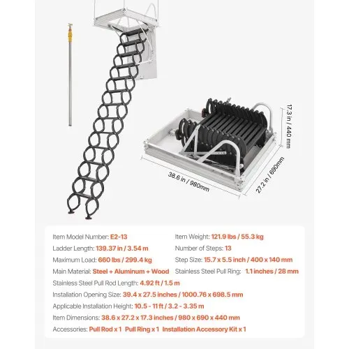 VEVOR Dachbodenleiter, Tragkraft 299,4 kg, passend für Deckenhöhen von 3,2-3,35 m und Öffnungsgröße von 1000,76x698,5 mm, ausziehbare Deckentreppe aus legiertem Stahl mit Zugstange für Dachboden – Bild 6
