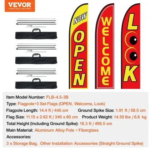VEVOR Offene Flaggen mit Mastsatz, Werbeflaggen für Unternehmen im Außenbereich, Werbe-Federflaggensatz, 3 Flaggen (Open, Look, Welcome), 3 Masten, 3 Bodenpfähle, Swooper-Flaggen für Unternehmen 5 m – Bild 6