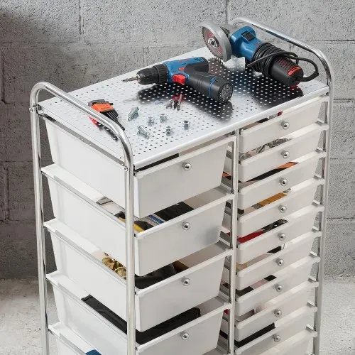 VEVOR Rollwagen mit 15 Schubladen Rollcontainer Doppelreihe 635x390x965mm, Metallgestell, Ablagefläche, Handgriffe, Lenkrolle mit 2 Bremsen, Mobiler Aufbewahrungswagen für Büro Werkstatt Bastelzimmer – Bild 7