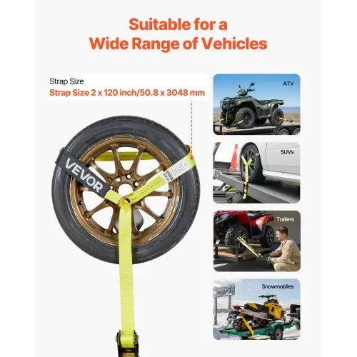 VEVOR Radspanngurt Befestigungsgurt (50,8 x 3048 mm) mit flachem Haken & 4540 kg Zugfestigkeit & 1512 kg Tragfähigkeit, Motorrad-Spannsystem Radsicherungsgurt Reifengurt für SUVs Anhänger Gelb – Bild 3