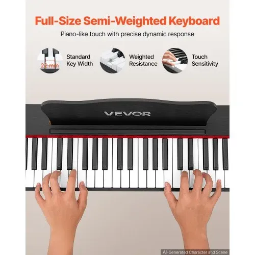 VEVOR Digitalpiano 88 Halbgewichtete Tasten Standardgröße E-Piano Schwarz für Anfänger, 600 Klangfarben, 600 Rhythmen, USB, MIDI, Audioausgang, Kopfhörerbuchse, Sustain-Pedal und HiFi-Lautsprechern – Bild 2