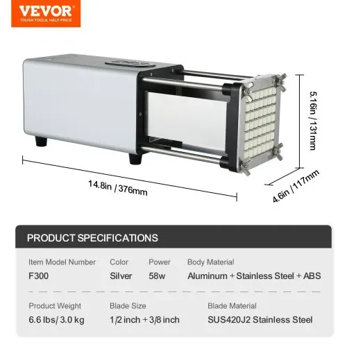 VEVOR Elektrischer Pommes Frites Schneider Kartoffelschneider mit 1/2-Zoll- und 3/8-Zoll-Klingen Edelstahl, Kartoffelschneider und Zerkleinerer mit Anti-Rutsch-Füßen, für Kartoffeln Gemüse Silber – Bild 6