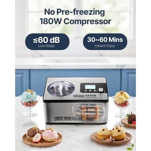 VEVOR Kompressor Eismaschine Eiscrememaschine 2 L, 180 W Frozen Joghurtbereiter Speiseeismaschine 3 Modi Joghurtmaschine Haushalt, Tragbare Eismaschine Sorbet Gelato Geräuscharm Silber Elektrisch – Bild 2
