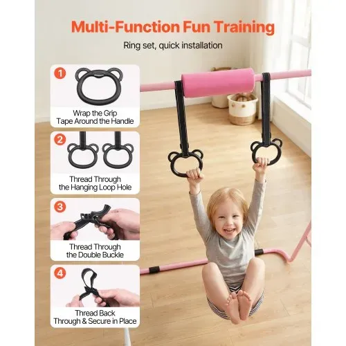 VEVOR Gymnastikstange für Kinder mit 63,5 kg Tragkraft, Klappbares Turnreck mit Turnringen, Höhenverstellbare Turnstange für Indoor- und Outdoor-Training, Heimtrainingsgerät für Kinderturnen, Pink – Bild 3