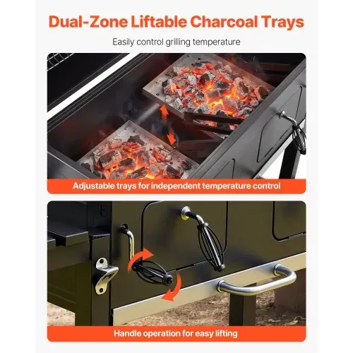 VEVOR Holzkohlegrill 0,50 m² Kohlegrillwagen mit 2 Anhebbaren Holzkohleschalen und Klappbaren Seitentischen, Hitzebeständiger, Pulverbeschichteter Stahlgrill für Terrassen- und Gartenpartys – Bild 3