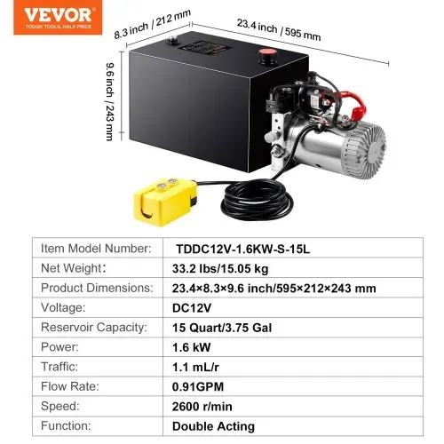 VEVOR Hydraulikpumpe Hydraulikaggregat 12 V Hydraulikaggregat 1600 W, Doppelwirkende Hydraulikpumpe Hydraulic Power Pack, 3,75 Gal Tank Hand Pump Hydraulikaggregat, für Aufzüge, Gabelstapler usw. – Bild 6