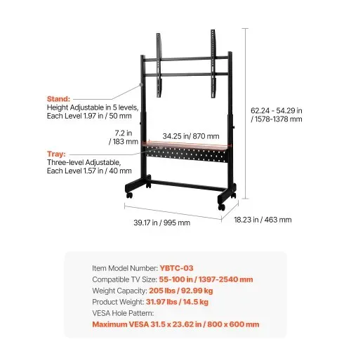 VEVOR rollbarer TV-Ständer TV-Wagen für 1397-2540 mm Bildschirme, höhenverstellbarer tragbarer Monitorständer mit Ablage bis zu 92,99 kg für Wohnzimmer Schlafzimmer Büro (Max VESA 800 x 600 mm) – Bild 6