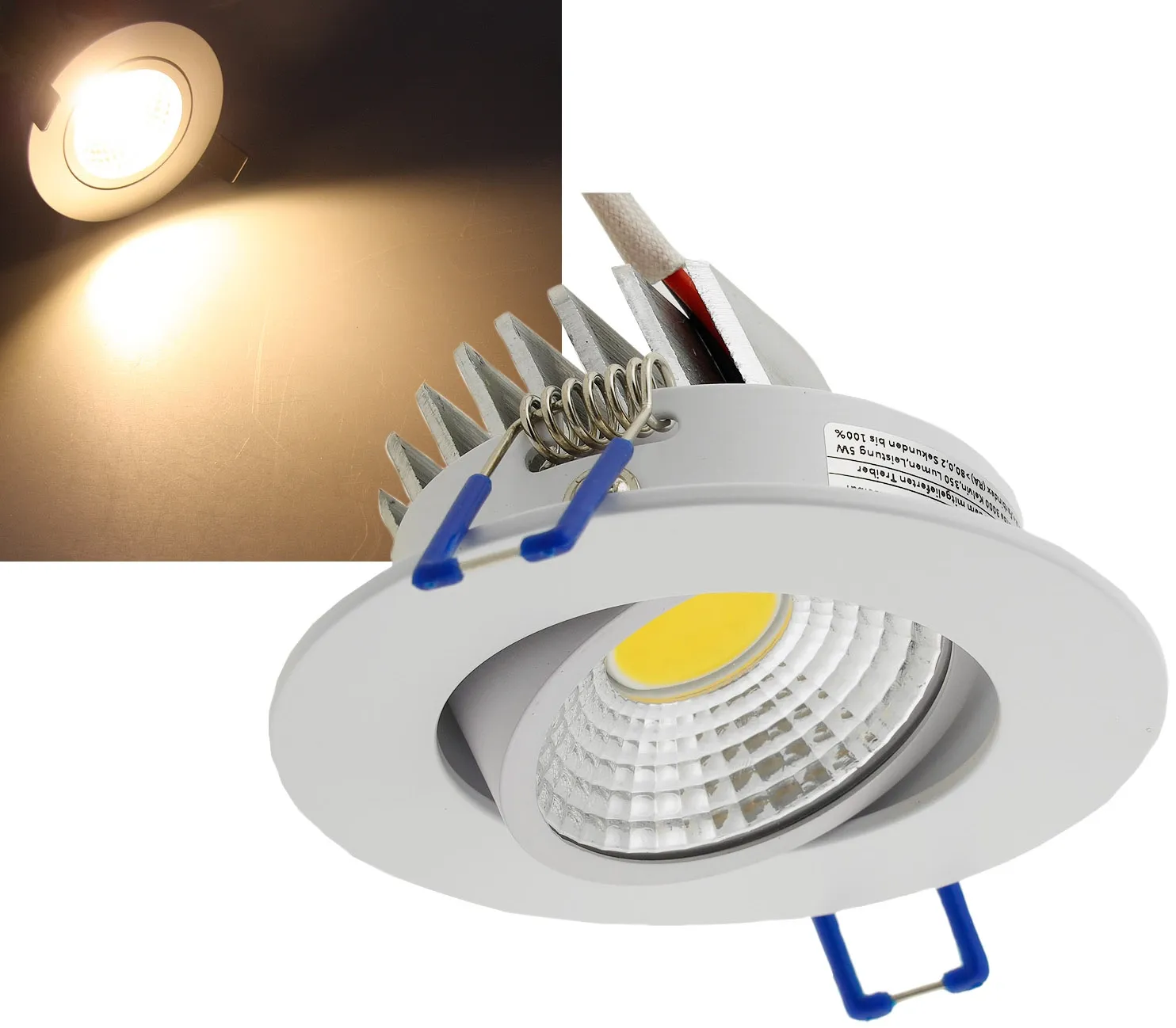 LED-Einbauleuchte „COB-5“, 5W, 420lm ALU, 3000K, 95°, Ø85xT47mm, Rahmen weiß LED-Einbauleuchte „COB-5“, 5W, 420lm ALU, 3000K, 95°, Ø85xT47mm, Rahmen weiß