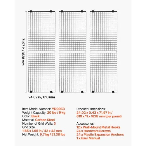 VEVOR Gitterwandpaneele Gitterwand 610 x 11 x 1828 mm 3 Stk. Wandgitter wandmontiertes Kunstausstellungsregal aus Karbonstahl, Fotowand Memoboard für Dekoration Lagerung Anschlagtafel Schwarz – Bild 6