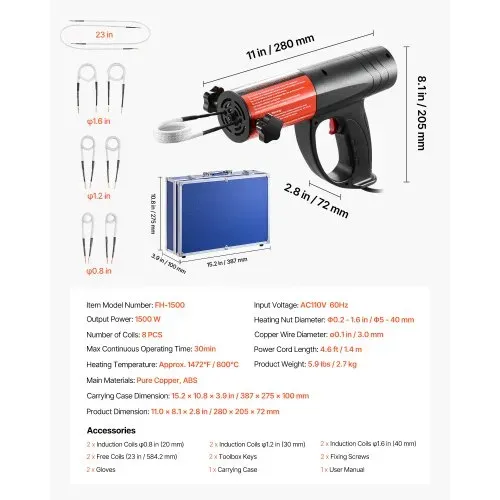 VEVOR Induktionsheizgerät zum Entfernen von Schrauben, 1500 W, magnetisches Induktionsheizgerät-Set, Heizgerät zum Entfernen von rostigen Schrauben, Autowerkstatt-Reparaturwerkzeuge mit 8 Spulen – Bild 6