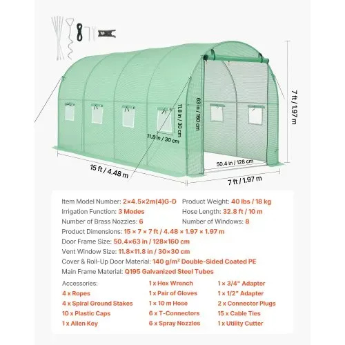 VEVOR Gewächshaus 4,48x1,97x1,97 m, Foliengewächshaus, Folientunnel mit Bewässerungssystem, Stahlrahmen, PE-Abdeckung, Aufrollbarer Reißverschlusstür & 8 Fenstern, Treibhaus für Außenbereich – Bild 6