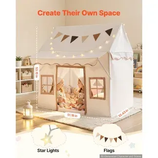 VEVOR Spielhaus Kinderzelt Spielzelt 2-in-1-Bettzelt 1300x900x1350 mm Beige, Möbel für Kleinkinder, mit Dach, Gepolsterter Matte, Sternenlichtern, Tragetasche, Flagge, Türen & Atmungsaktiven Fenstern VEVOR Spielhaus Kinderzelt Spielzelt 2-in-1-Bettzelt 1300x900x1350 mm Beige, Möbel für Kleinkinder, mit Dach, Gepolsterter Matte, Sternenlichtern, Tragetasche, Flagge, Türen & Atmungsaktiven Fenstern