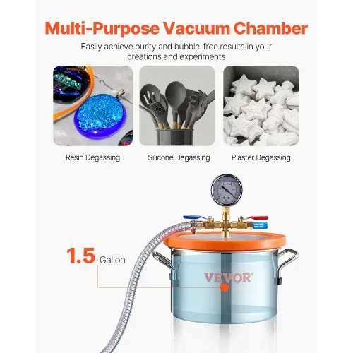 VEVOR 5,68 L Vakuumkammer und 3,5 CFM Pumpe, Edelstahlkammer, 1-stufiges Vakuumpumpen-Entgasungskammerset, mit Acryldeckel, Öl, 1,5 m Schlauch, Vacuum Pump Kit zum Entgasen von Harz-Silikon-Epoxiden – Bild 4